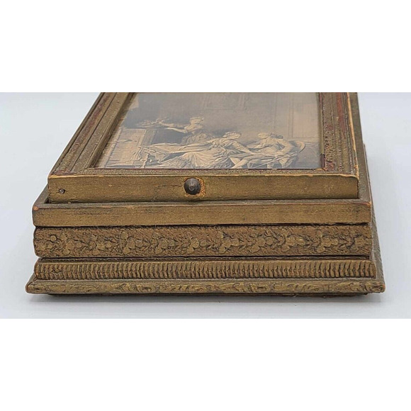 Antique 1920s Hand Carved Wood Jewelry Box French Victorian Print. Velvet Lining - Picture 14 of 16